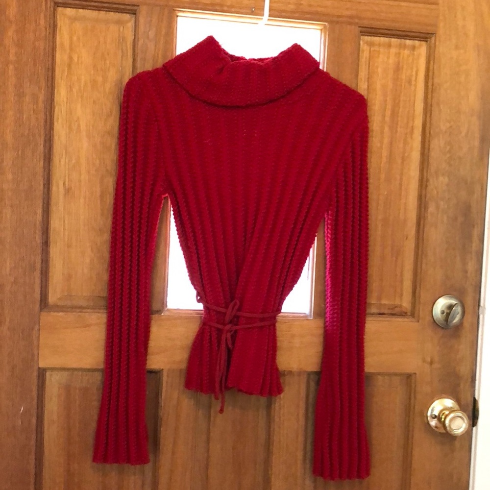 Red Turtle Neck Sweater with Tie Around Waste.